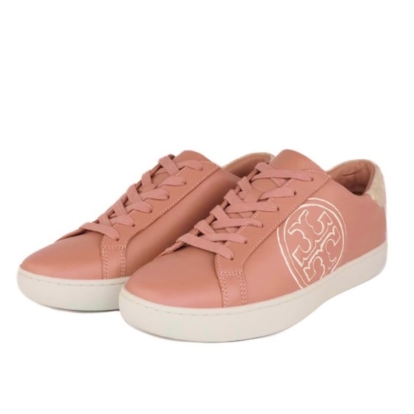Tory Burch Shoes - Tory Burch Pink Moon Leather Suede Logo Sneakers